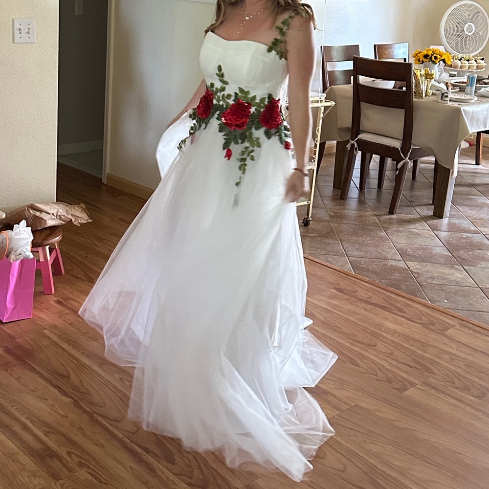 Elegant Strapless Gown with Red Beaded Floral Design & Greenery Appliqué